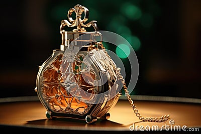 close-up shot of a perfume bottle inside an open handbag Stock Photo