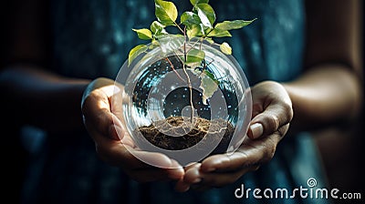 A close-up shot of a person's hands holding a globe with tree saplings growing, AI-Generated Stock Photo