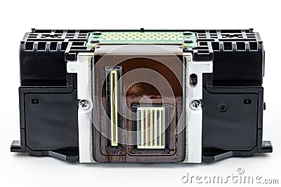 A close-up shot of the printing nozzles and electrical contacts in the inkjet printer head, isolated on a white background. Stock Photo