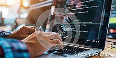 a programmer writing code, fingers flying across the keyboard, focus and concentration Stock Photo