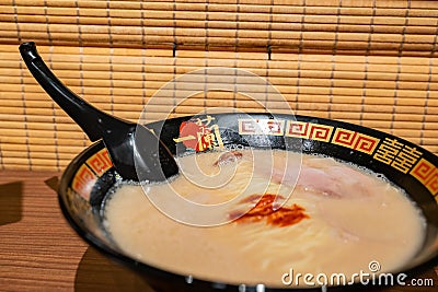 Close up shot of a ramen of the famous Ichiran restaurant Editorial Stock Photo