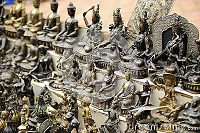 Close up shot of religious metal statues in Nepal Stock Photo