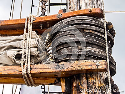 Close Up Detail of Sail Rigging, Old Ship Mast Stock Photo