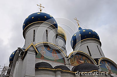 Close-up shot of Russian cathedral with blue onion domes, the Golden Ring of Russia, the Holy Trinity of Lavra, Sergiyev Posad Editorial Stock Photo