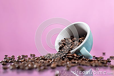 Coffee cup and coffee beans on color background Stock Photo