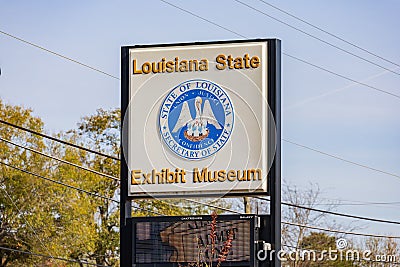 Close up shot of the sign of Louisiana State Exhibit Museum Editorial Stock Photo