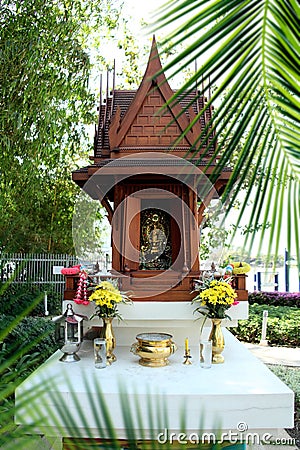 Close up shot of small temple model of buddhist spirit house in Stock Photo