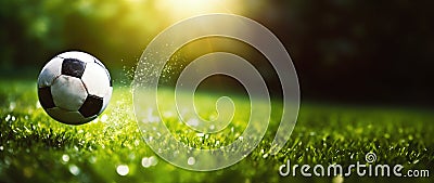 In this close-up shot, the soccer ball hovers over the soccer field, capturing the sense of anticipation and movement Stock Photo