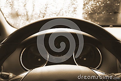 Close up shot of a speedometer in a car. Car dashboard. Dashboard details with indication lamps.Car instrument panel. Dashboard Stock Photo