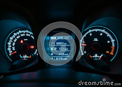 Close up shot of a speedometer and interior modern car console. Stock Photo