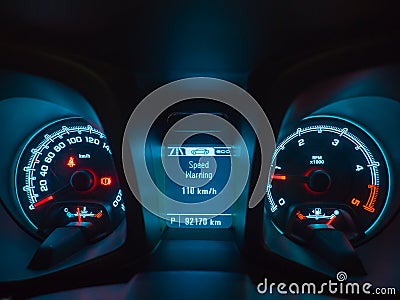 Close up shot of a speedometer and interior modern car console Stock Photo