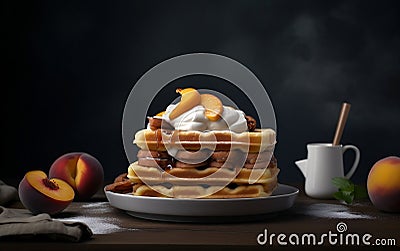A Close up Shot of a Stack of Fluffy Waffles with Whipped Cream. Generative AI Stock Photo