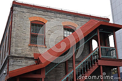 Close-up shot of the stairways of the historical Tong Linge Street buildings Editorial Stock Photo