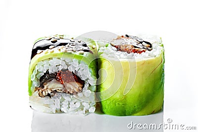 Close up shot Sushi roll with smoked eel and avocado on a white background Stock Photo