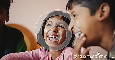 Close-up shot of three south Asian kids smiling Stock Photo