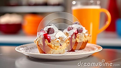 Freshly Baked Cranberry Muffins with Whipped Cream and Coffee Stock Photo
