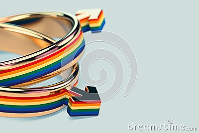 Close up shot on two gay male wedding rings on pastel green background. Gay marriages issue concept. 3D rendering Stock Photo