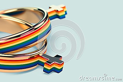 Close up shot on two lesbian female wedding rings on pastel green background. Lesbian marriages issue concept. 3D rendering Stock Photo