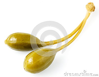 Close-up shot of two marinated capers isolated Stock Photo