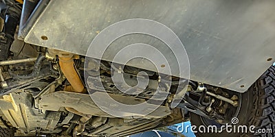 Close up shot of under chassis and wheels of car Stock Photo