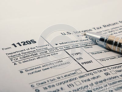Close up shot of United States Internal Revenue Service IRS tax return form 1120S for small corporations also known as S-Corps. Editorial Stock Photo