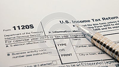 Close up shot of United States Internal Revenue Service IRS tax return form 1120S for small corporations also known as S-Corps. Editorial Stock Photo