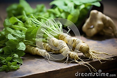 close-up shot of wasabi roots on a rustic wooden surface Stock Photo