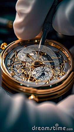 close-up shot of watch being repaired by gloved Stock Photo