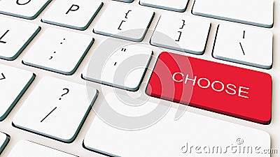 Close-up shot of white computer keyboard and red choose key. Conceptual 3D rendering Stock Photo