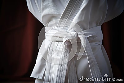 a close-up shot of a white karate belt tied around a gi Stock Photo
