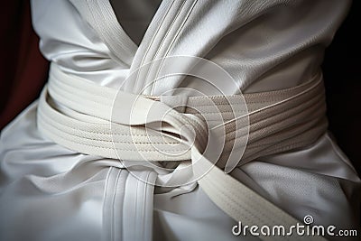 a close-up shot of a white karate belt tied around a gi Stock Photo