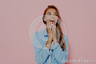 Close up shot of woman with delightfully surprised look Stock Photo