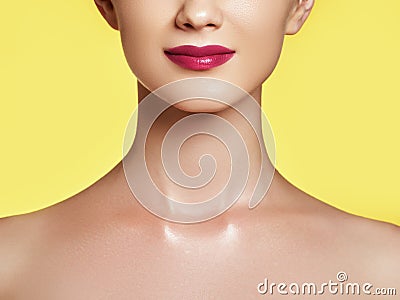 Close-up shot of woman lips with red lipstick. Beautiful perfect lips Stock Photo