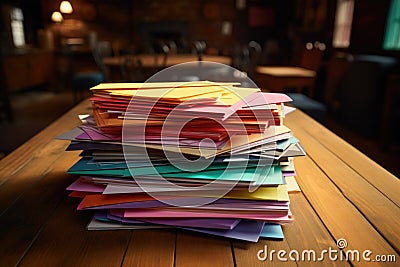 close up shot of a wooden table with different colored pile of papers Stock Photo