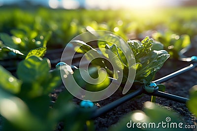 Close-up shots of advanced irrigation systems, such as drip irrigation or sprinklers, demonstrating water conservation and Stock Photo