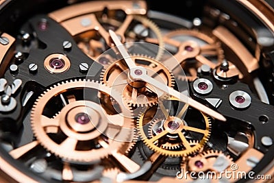 close-up shots of watch pieces, including faces, gears, cases, and bands Stock Photo