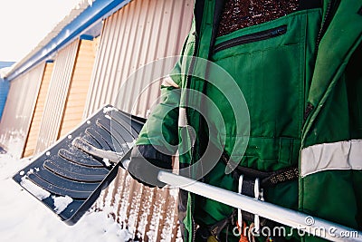 Close-up of a shovel for snow cleaning in winter Stock Photo