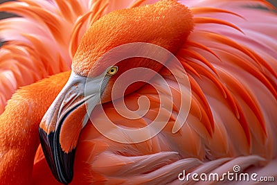 A close-up showcases the fiery hues of a flamingo& x27;s feathers, a testament to nature& x27;s artistry Stock Photo