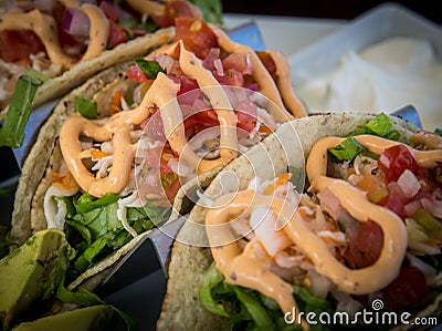 Close up of Shrimp Taco Trio Stock Photo