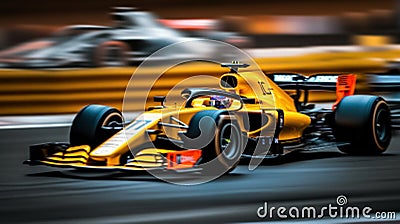 Close-up side F1 race cars fast racing speed on the curve track Stock Photo