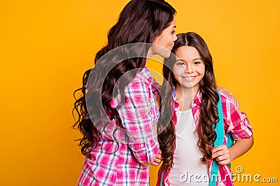 Close up side profile photo beautiful she her models ladies mom small daughter bye-bye baby kiss farewell study time see Stock Photo