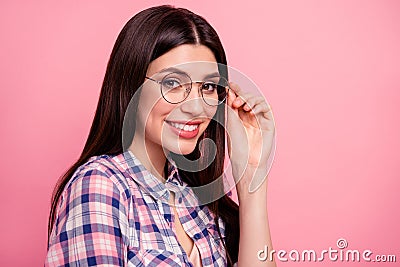 Close up side profile photo funky funny amazing her she lady hold arm hand cool specs look sincerely kindhearted candid Stock Photo