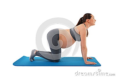 Pregnant woman at fitness training over white Stock Photo
