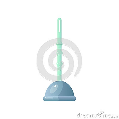 Close-up side view of blue toilet plunger in the shape of a semicircle with long handle, hole for hanging on Vector Illustration