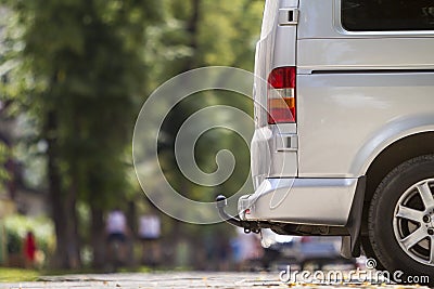 Close-up side view detail of silver passenger medium size luxury Stock Photo