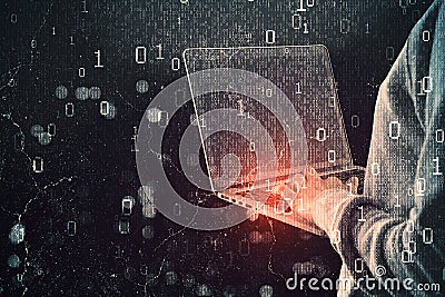 Close up and side view of hacker hands using laptop standing on abstract dark hacking background with bokeh circles and Stock Photo