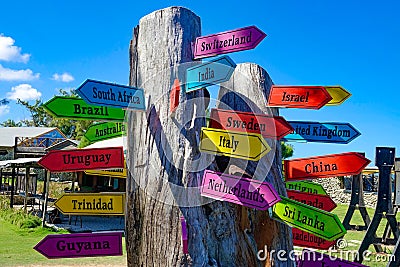 CLOSE UP: Signpost made of an old tree trunk points into different directions Stock Photo