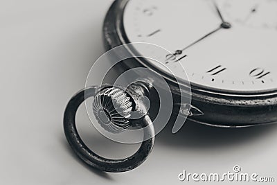 Close Up silver old pocket watch. Vintage timepiece. Antique concept. Stock Photo