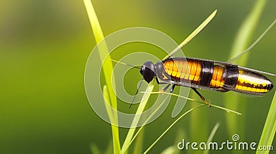 A close-up of a single firefly perched on a blade of grass Stock Photo
