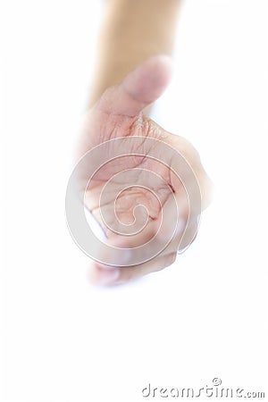 Close up of single human hand isolated on white trying to help the imagery. Stock Photo